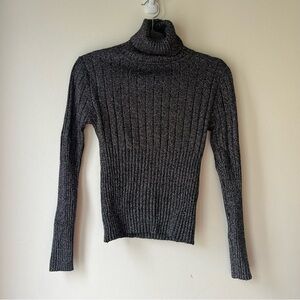 Black Metallic Ribbed Knit Turtleneck Sweater Stretch Shimmer Long Sleeve S/M